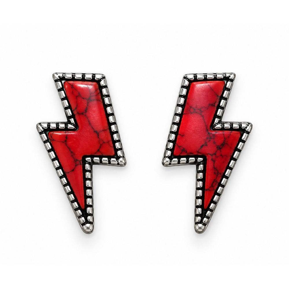 Red Howlite Lightning Bolt Stud Earrings Silver Tone Western Cowgirl